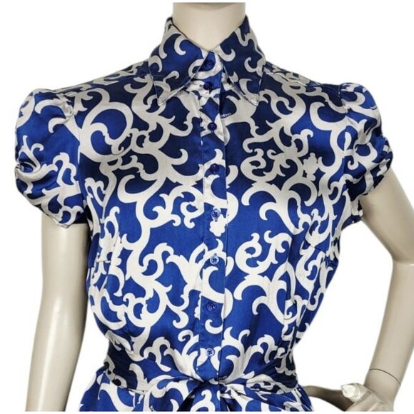 Vintage Y2k Bebe Silk Cobalt Grey Puff Sleeve Scroll Logo AOP Belted Blouse M/L - Picture 3 of 15